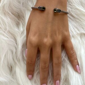 DY 925  Silver Cuff Bracelet with Green Gemstone Accents​​